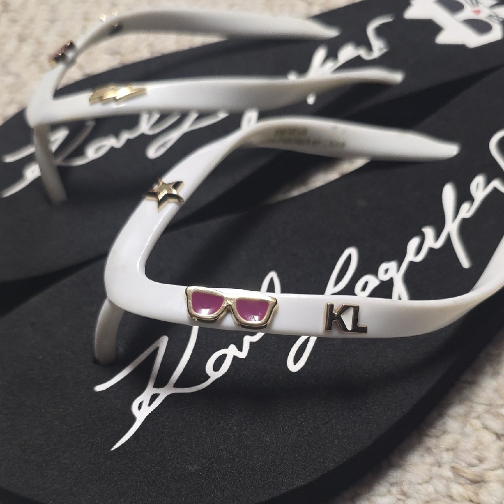 Karl Lagerfeld Black and White Flip Flop Sandals with Gold & Pink Accents - Picture 2 of 4